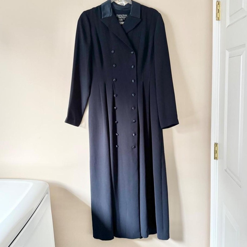 Vintage 90s does 40s Navy Blue Dress Double Breasted Covered Buttons Sweep Maxi